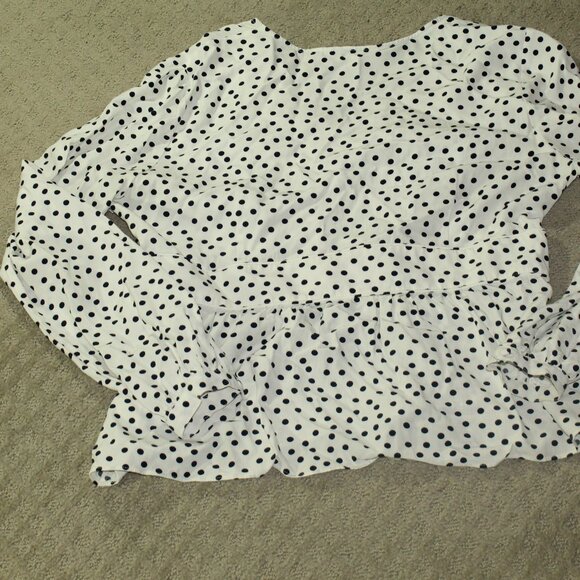 Boden Elsie Size 12R Polka Dots V-Neck Peplum Long Sleeve Balloon Blouse Top - Picture 2 of 6